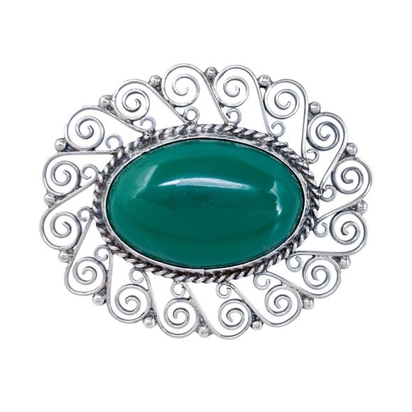 Green Onyx Filigree Brooch Pin | Vintage Sterling Silver 925 - Picture 5 of 7